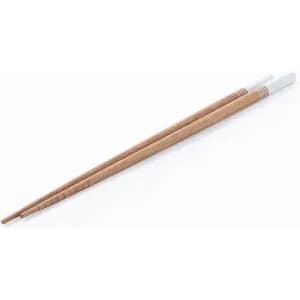 Two wooden chopsticks with a light brown finish, featuring white tips and red detailing.