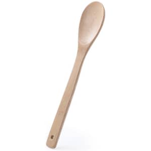 A wooden cooking spoon with a long handle and rounded head, featuring a natural bamboo finish.