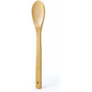 A wooden cooking spoon made of bamboo with a long handle and a rounded end.