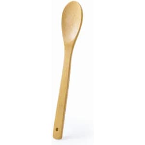 A wooden spoon with a smooth finish and a long handle, featuring a hole for hanging.