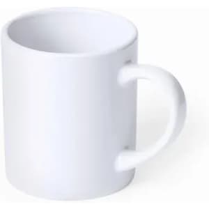 A white mug with a smooth surface and a handle, featuring a simple design without any decorations.