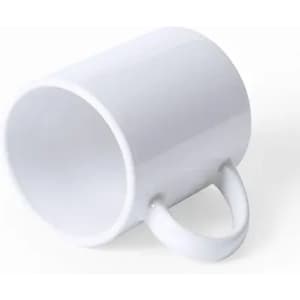 A white mug with a curved handle, presented at an angle on a light background.