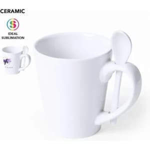 A white ceramic mug featuring a spoon attached to the handle and a logo on the side.