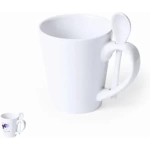 A white mug with a curved handle and an attached spoon. The mug has a simple design and no visible branding.