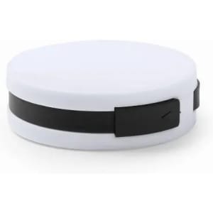 A drink bottle with a sleek white design and a black band around the middle, featuring a simple closure mechanism.