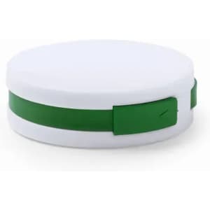 A round, white container with a green band and a clasp. Features a simple design and has a logo.