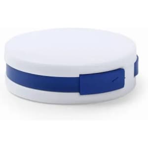 A white and blue round container with a lid and a blue band around the middle, featuring a logo.