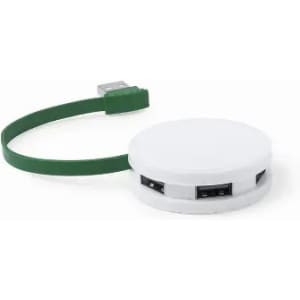 A round white USB hub with a green cable, featuring multiple USB ports.