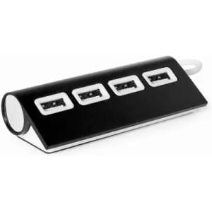A black USB hub featuring four ports, with a sleek, modern design and a white accent.