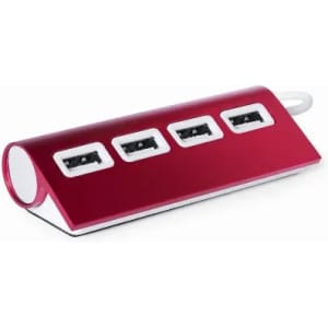 A USB hub in vibrant red with four black USB ports, featuring a smooth, rounded design and a loop for easy handling.