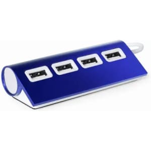 A blue USB hub featuring four ports, displayed with a smooth, sleek design. It has a branding logo on one side.