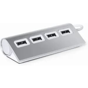 A silver USB hub featuring four ports, with a sleek, elongated design and a rounded edge. It has a logo on one side.