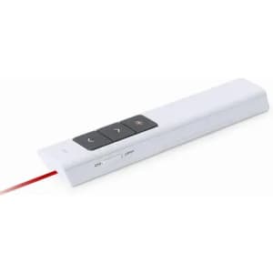 A white presentation remote with buttons for controlling slides and a red laser pointer.