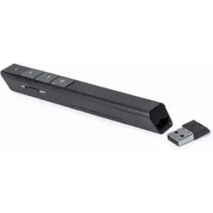A presentation remote in black with buttons and a detachable USB receiver.