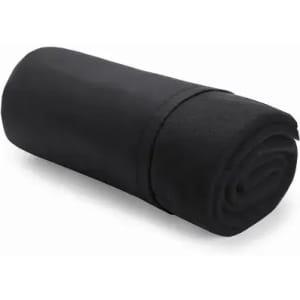 A rolled-up black towel made of soft material, neatly secured with a band.