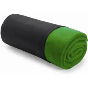 A rolled blanket featuring a vibrant green fabric encased in a black sleeve, with a smooth texture.