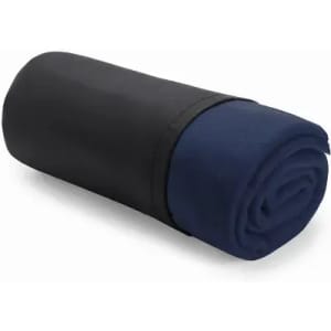A rolled navy towel secured with a black strap, showcasing a sleek and compact design.