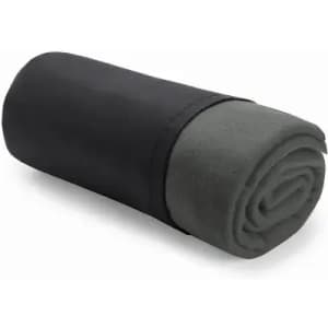 A rolled blanket in dark grey and black fabric, secured with a band. The blanket is soft and compact.