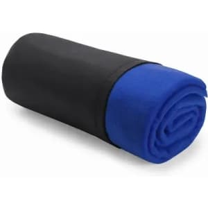 A rolled-up blanket featuring a black exterior and a blue interior, secured with a black band.