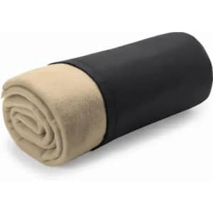 A rolled-up blanket featuring a black exterior and a beige interior. It has a simple, streamlined design.