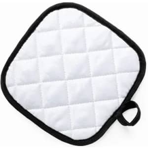 A quilted white pot holder with a black border and a loop for hanging.