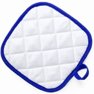 A square oven mitt in white with blue trim, featuring a quilted design and a hanging loop.