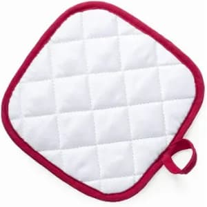 A square pot holder with a white quilted surface and a red border, featuring a loop for hanging.