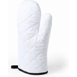 A white oven mitt with a quilted design and a black loop for hanging.