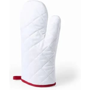 A white oven mitt with a red trim and a hanging loop, featuring a quilted design.