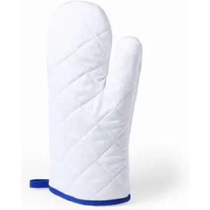 A white oven mitt with a quilted pattern, featuring a blue trim and a hanging loop.
