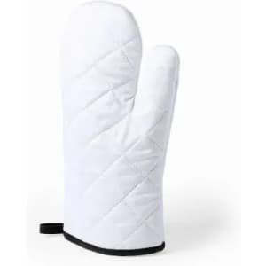 A white oven mitt with a quilted design and a black trim, featuring a loop for hanging.
