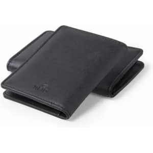 A black leather wallet with a simple design, featuring multiple card slots and a logo.