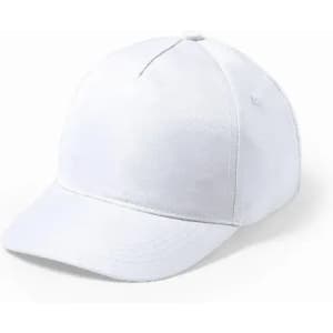 A white cap with a curved brim and six-panel construction, featuring ventilation holes and a logo.