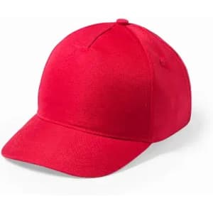 A red baseball cap with a rounded crown and a curved brim, featuring a structured design.