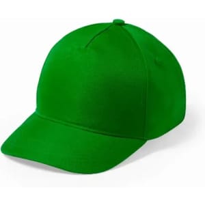 A green cap with a curved brim and a structured crown, featuring a logo on the side.