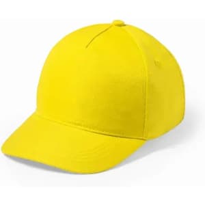 A yellow baseball cap with a classic design and a curved brim, featuring a smooth fabric surface.