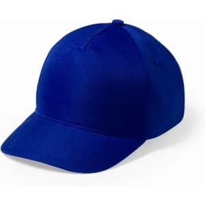 A blue cap with a smooth finish and a curved peak, featuring a logo on the front.