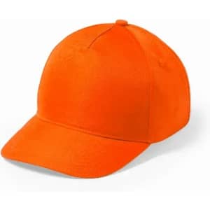 An orange cap with a curved peak and a structured design. It features a logo on the front.