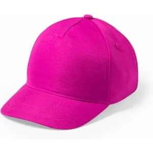 A pink cap with a curved brim and a structured front. It features a logo on one side.