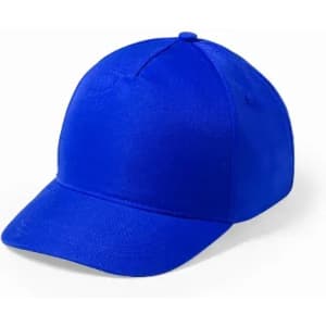 A blue cap with a curved brim and a structured crown, featuring a plain design. It has a logo on one side.