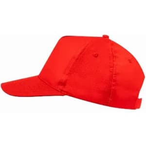 A red cap featuring a curved brim and an adjustable strap at the back, with a logo on the front.