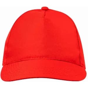A red cap featuring a structured peak and a button on top, with a plain design and no visible logos.