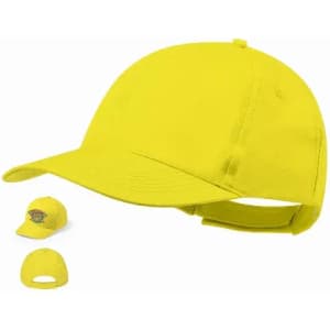 A bright yellow cap featuring a curved brim and an adjustable strap at the back. It includes a logo detail on the front.