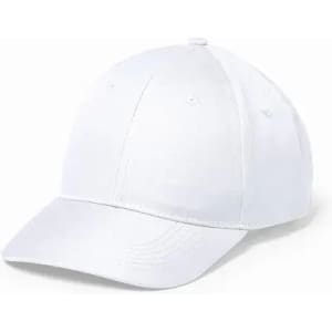 A white cap with a curved brim and stitched panels, featuring a logo on the front.