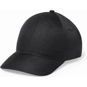 A black cap with a curved brim and six panels, featuring ventilation eyelets and a logo on the front.