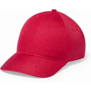 A red cap with a curved brim and six-panel design, featuring a simple logo on the front.