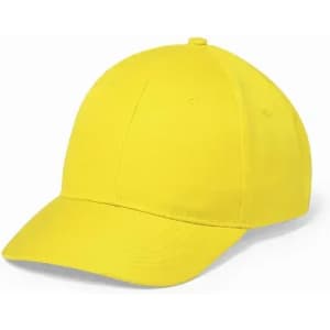 A bright yellow cap featuring a curved brim and six-panel structure, with a logo on the front.