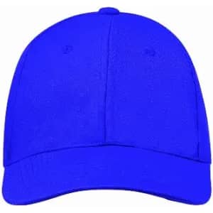 A blue cap with a structured front and a curved brim, featuring a logo on the front.
