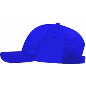 A blue cap with a curved brim and a logo on the front.