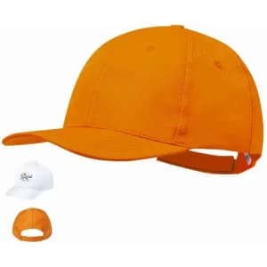 An orange cap with a curved peak and adjustable strap, alongside a white cap with a logo.